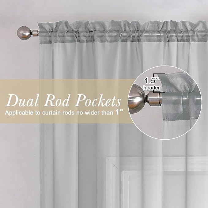 Lecloud Light Grey Sheer Curtains 63 Inch Length 2 Panels, Light Filtering - Image 2