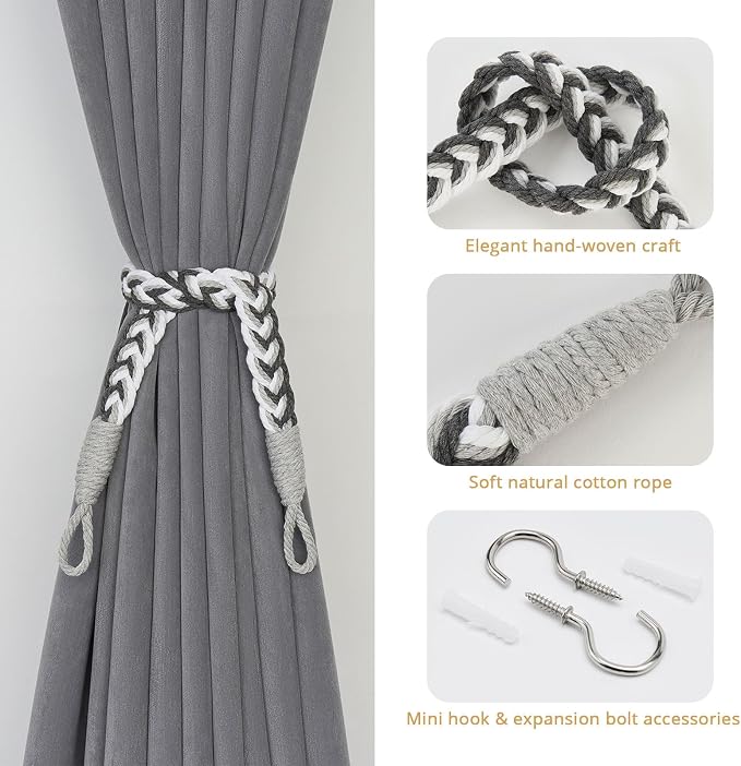 NICEEC 2 Pack Natural Cotton Rope Curtain Tiebacks Elegant Boho Style - Image 2