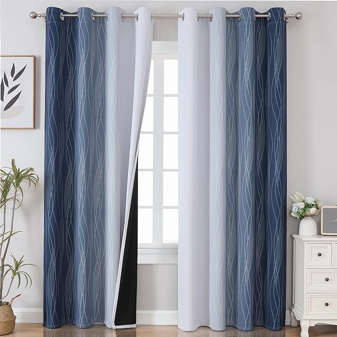 Estelar Textiler Greyish White and Navy Blue Blackout Curtains 96 Inches Long by ESTELARTEXTILER