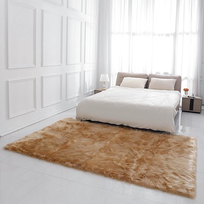linmopm Faux Fur Rug Sheepskin Shag Fluffy Fuzzy Beige 5x7 ft Rugs - Image 2