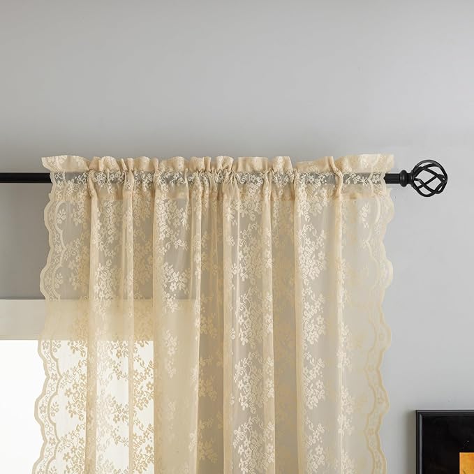YJ YANJUN Vintage Lace Curtains 72 Inches Long-Victorian Flower Beige Voile - Image 2