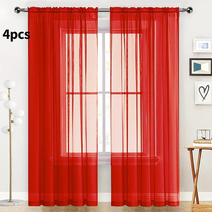 SpaceDresser Sheer Red Curtains 4 Panels Rod Pocket Semi-Sheer Curtain 63 - Image 2