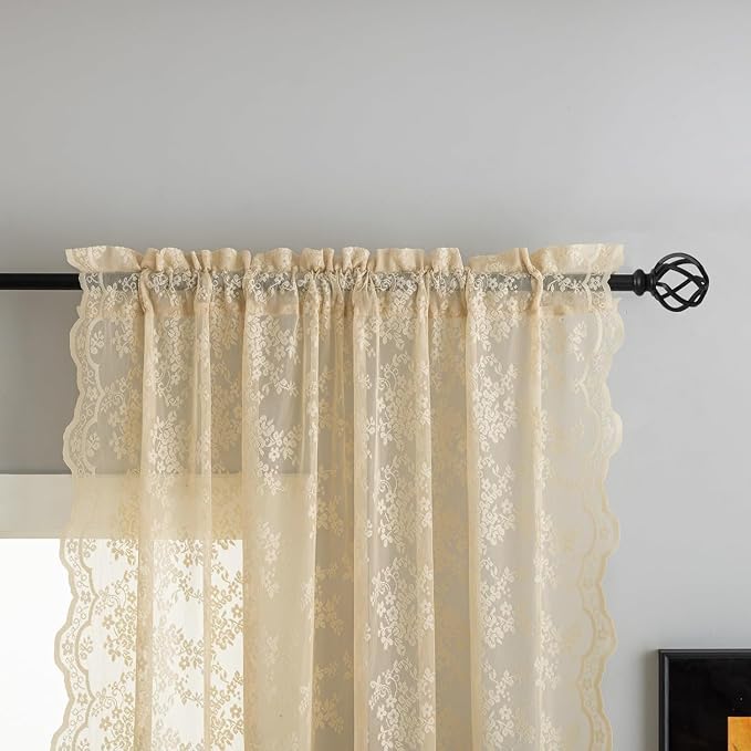 YJ YANJUN Vintage Lace Curtains 102 Inch Long-Victorian Floral Pattern Beige - Image 3