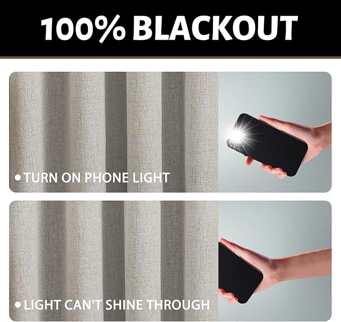 Yakamok Oatmeal Linen Curtains 100% Blackout 84 Inches Long, Room Darkening - Image 2