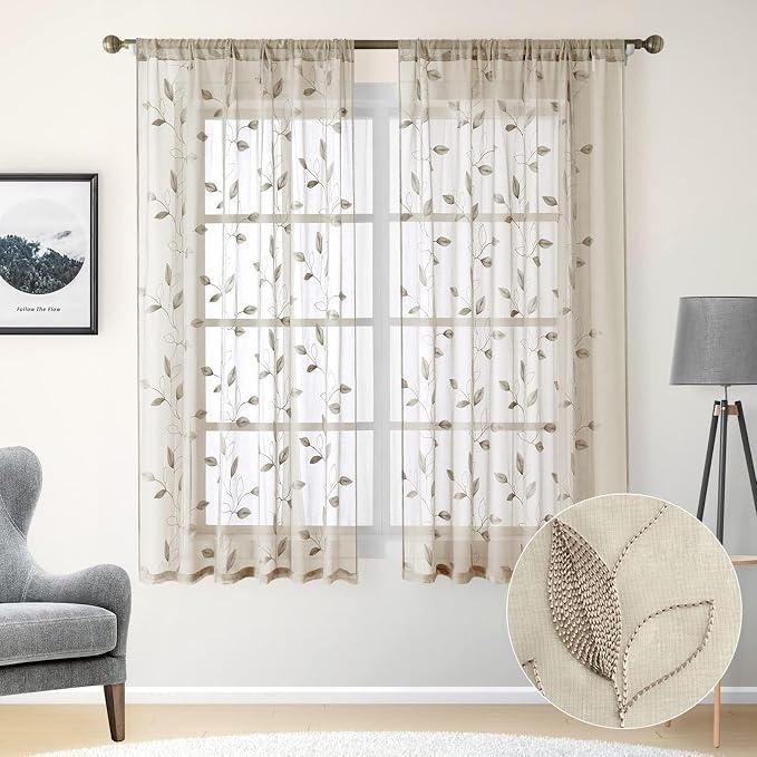 HOMEIDEAS Taupe Sheer Curtains 52 X 63 Inches Length 2 Panels Beige Embroidered - Image 2