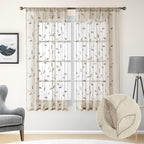 HOMEIDEAS Taupe Sheer Curtains 52 X 63 Inches Length 2 Panels Beige Embroidered - Image 2
