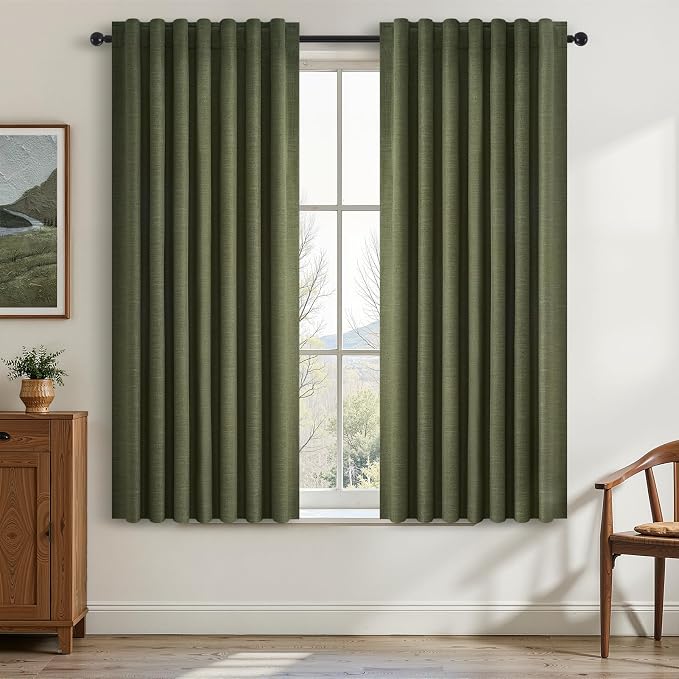 Topfinel Olive Green 63 Inch Long Linen Blackout Curtains 2 Panels Set Thermal by Topfinel