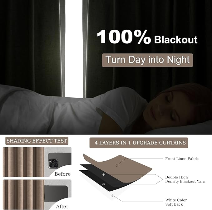 Topfinel 95 inch Bedroom Curtains 2 Panels 100% Blackout Linen Texture Curtain - Image 6