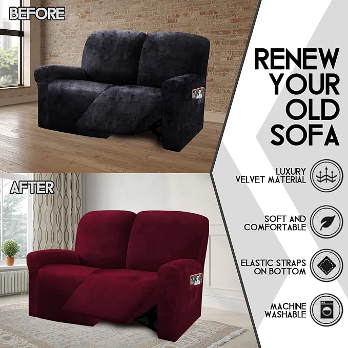 ULTICOR Reclining Love Seat Slipcover, 6-Piece Velvet Stretch Loveseat - Image 3