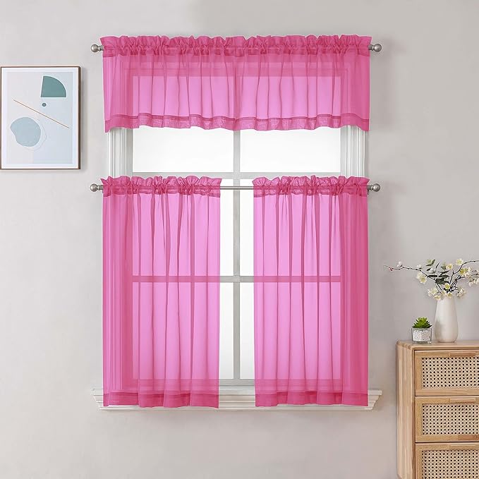 Chyhomenyc Sheer Hot Pink Tier Curtains 24 Inch Length Set, Small Window - Image 2