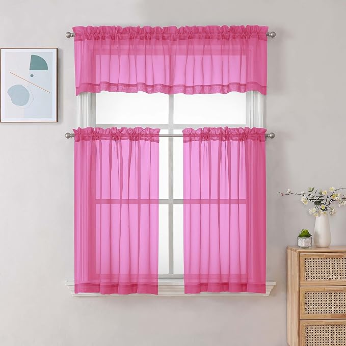 Chyhomenyc Hot Pink Sheer Curtains 30 inch Length 2 Panels, Light Filtering - Image 2