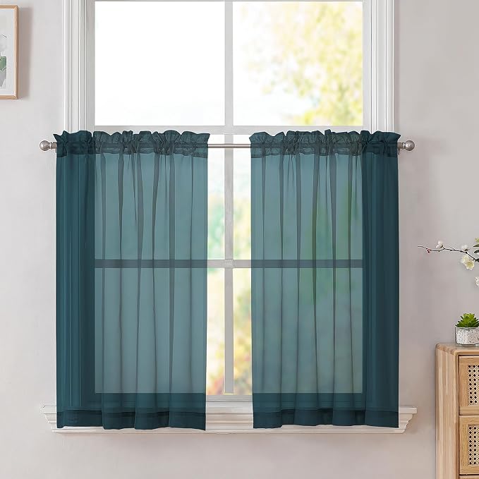 Simplebrand Dusty Blue Short Sheer Kitchen Curtains 36 Inch Length Tier Rod by Simplebrand