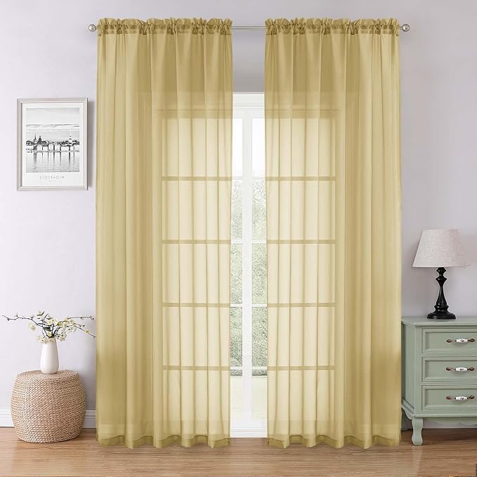 Lecloud Gold Sheer Curtains 90 Inches Long 2 Panels Set, Living Room Curtains by Lecloud