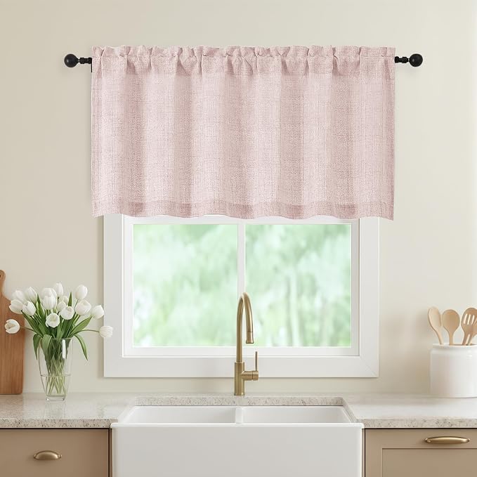 Blush Pink Valances for Windows, Light Filtering Faux Linen Textured Small by WelvetBLK