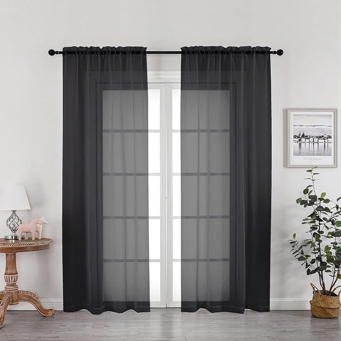 OWENIE Black Sheer Curtains 72 Inches Long 2 Panels, Transparent Voile Sheer by OWENIE