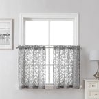 Lecloud Leia Charcoal Grey Sheer Kitchen Curtains 24 Inch 2 Pcs, Jacquard Leaf by Lecloud
