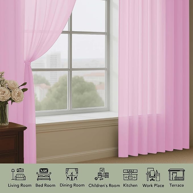 OWENIE Pink Sheer Curtain 90 Inches Long 2 Panels Set, Solid Filmy Drapes - Image 7