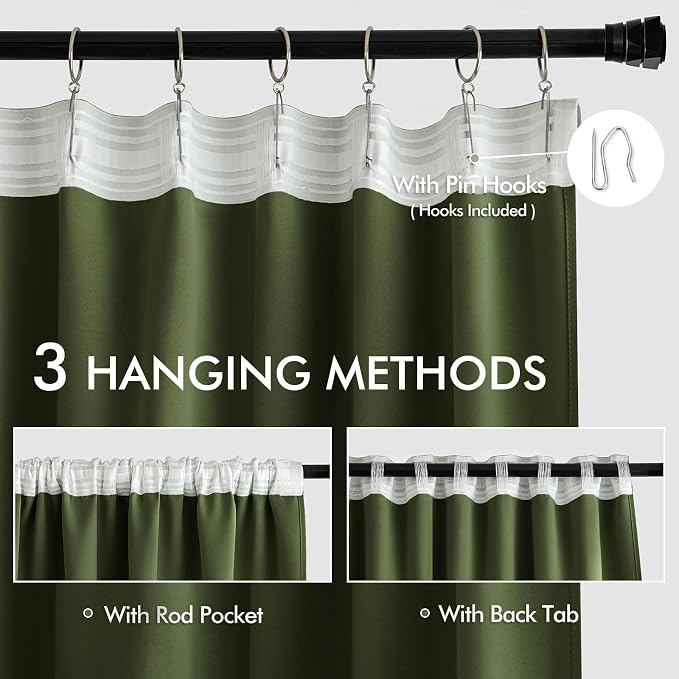MIULEE Olive Green Back Tab Blackout Curtain 96 Inch Long 2 Panels Set - Image 3