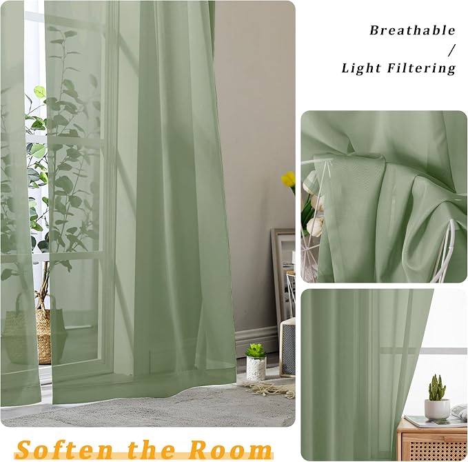 Gwine Sheer Sage Green Curtains 96 Inches Long 2 Panels Set, Light Filtering - Image 4