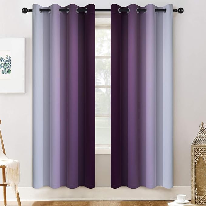Yakamok Room Darkening Greyish White and Purple Ombre Curtains - Image 2