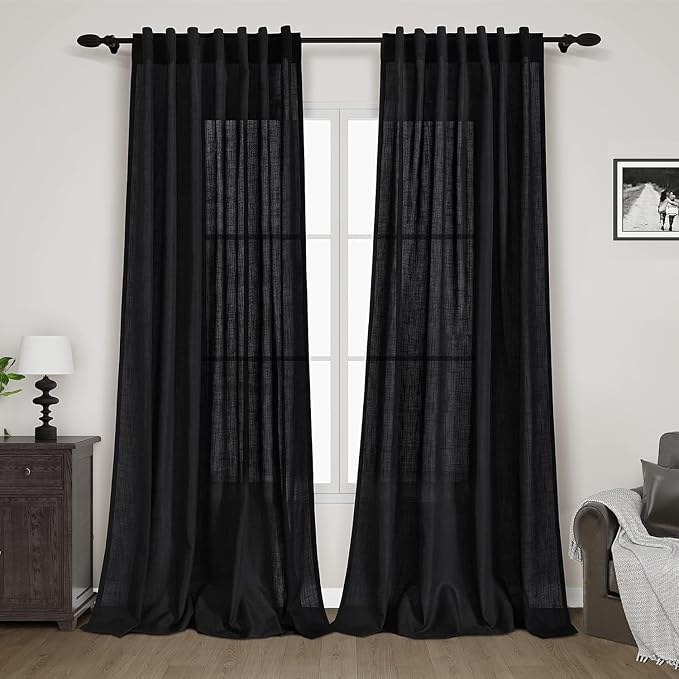 Nanspring Black Curtains 95 Inches Long 2 Panel Set Back Tab Sheer Black Linen by Nanspring