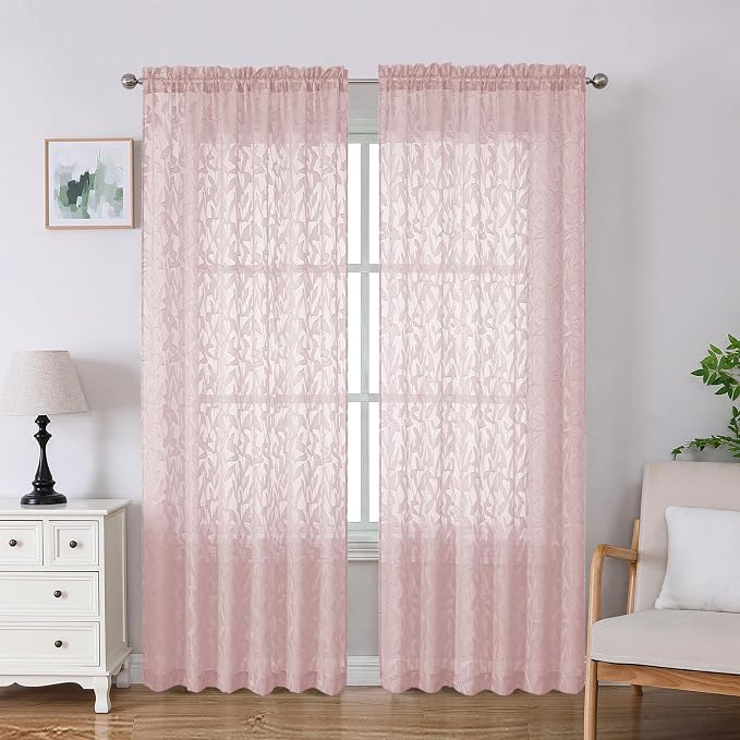 Lecloud Leia Blush Pink Sheer Curtains 84 Inches Long 2 Panels, Airy Leaf by Lecloud
