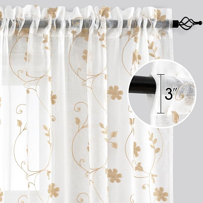 HOMEIDEAS Yellow Sheer Curtains 63 Inch Length 2 Panels Yellow and White - Image 4