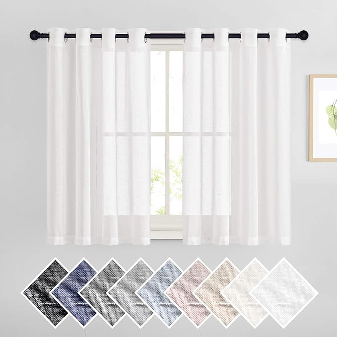 NICETOWN 45" Long White Flax Linen Sheer Bedroom Curtains Grommet, Decorative by NICETOWN
