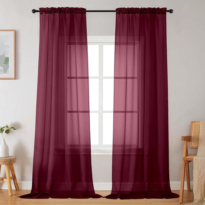 Burgundy Sheer Curtains for Bedroom Living Room 96 Inches Long 2 Panels by WelvetBLK