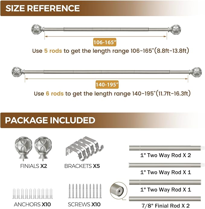KAMANINA 1 Inch Extra Long Curtain Rod 140 to 195 Inches Silver Heavy Duty - Image 8