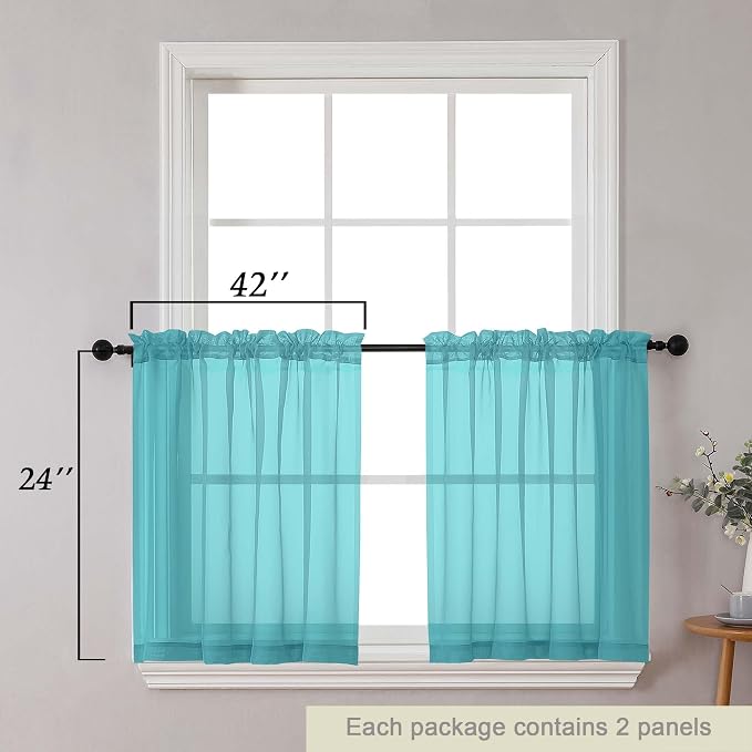 Kitchen Curtains 24 Inch Length Tier 2 Pieces, Turquoise Sheer Curtain Solid - Image 2