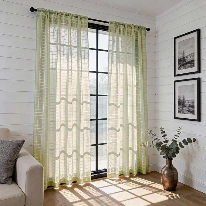 SpaceDresser Check Sheer Curtains 108 Inches 2 Panels Set, Rod Pocket Plaid - Image 4
