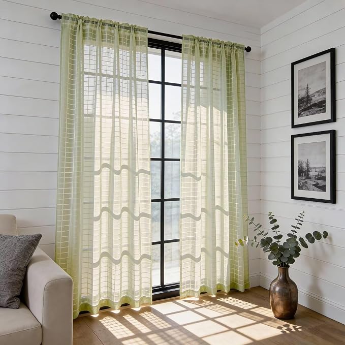 SpaceDresser Check Sheer Curtains 54 Inches 2 Panels Set, Rod Pocket Plaid - Image 4