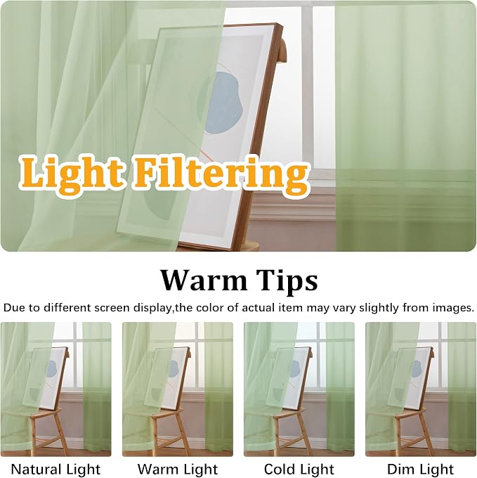 Gwine Light Green Sheer Curtain Tiers 24 Inch Length, Light Filtering Voile - Image 5