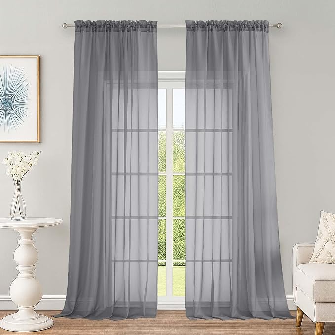 OWENIE Extra Long Grey Sheer Curtains 96 Inches Long 2 Panels Set, Soft by OWENIE