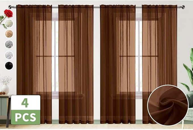 SpaceDresser Brown Sheer Curtains 4 Panels Rod Pocket Semi-Sheer Curtain 72 - Image 2