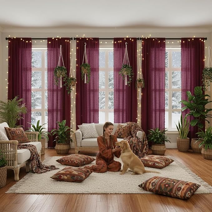 WAZZIO Boho Lace Curtains 84 Inches 2 Panel, Light Filtering Privacy Tassel & - Image 4