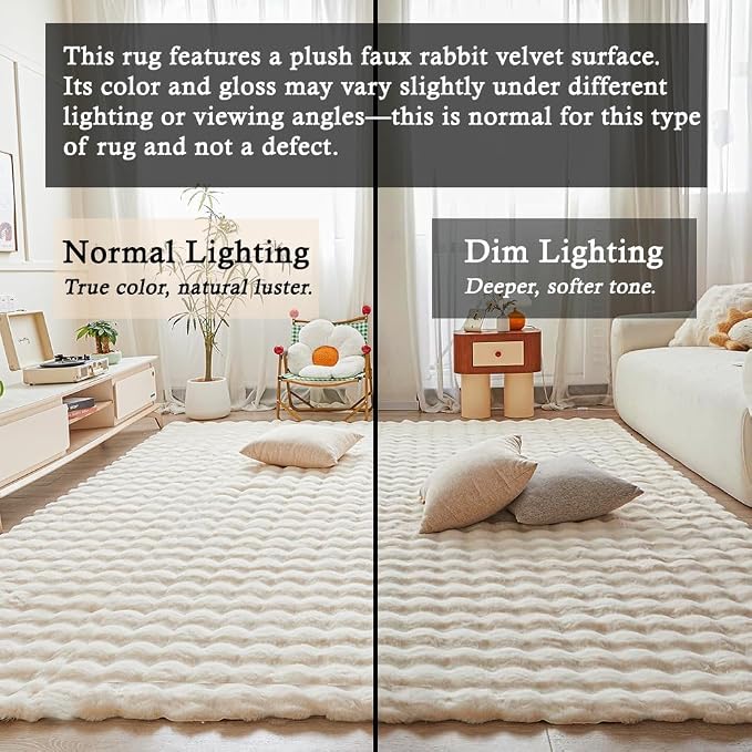 Creamy White Rabbit Plush Rug 6'x9', Fluffy Faux Fur Shaggy Area Rug - Image 3