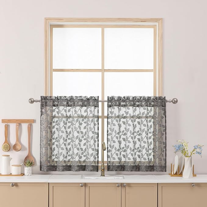 Chyhomenyc Charcoal Grey Sheer Curtains 24 Inch Length, Light Filtering Leaf by Chyhomenyc
