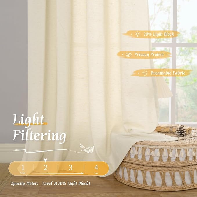 LAMIT Light Beige Linen Semi Sheer Curtains 45 Inch - Image 4