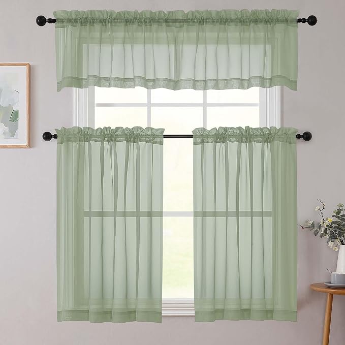 Kitchen Curtains 24 Inch Length Tier 2 Pieces, Sage Green Sheer Curtain Solid - Image 8