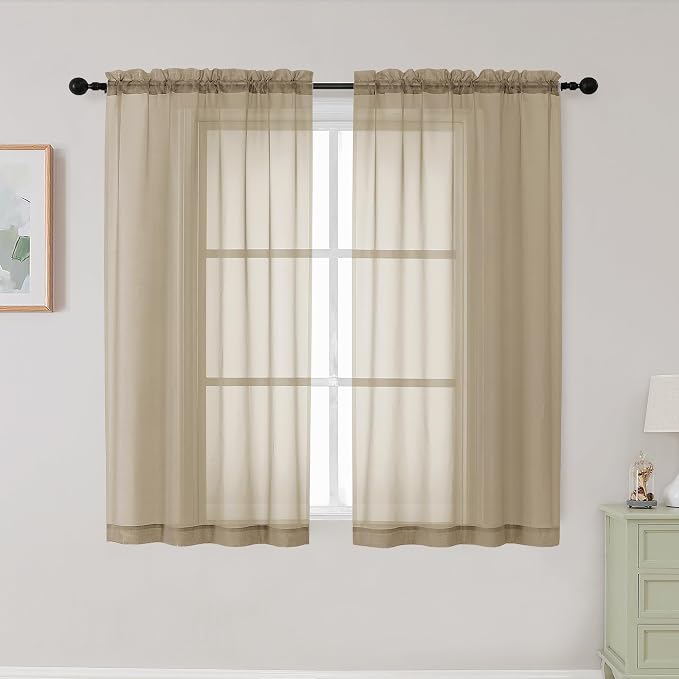 Taupe Sheer Curtains for Bedroom Living Room 45 Inch Length 2 Panels, Soft Airy by WelvetBLK