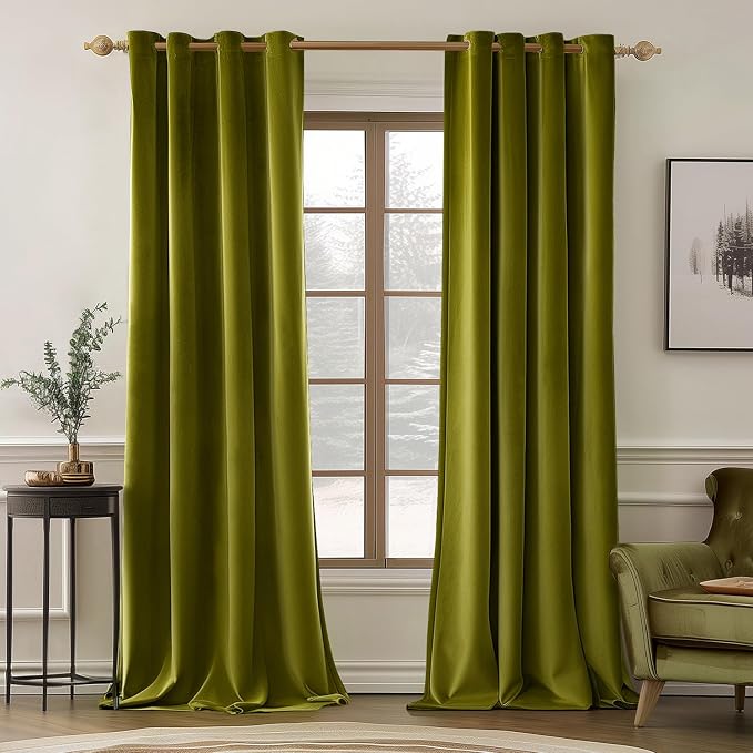 MIULEE Velvet Curtains Olive Elegant Grommet Thermal Insulated Soundproof Green by MIULEE