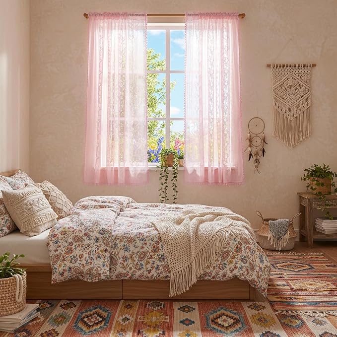 WAZZIO Boho Lace Curtains 63 Inch 2 Panels -Sheer Panel Drape Floral Pattern & - Image 3