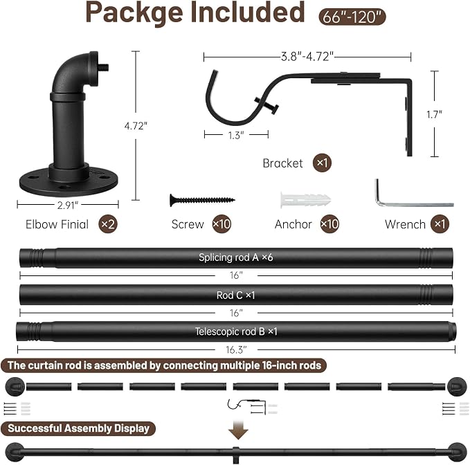 Zeerobee Curtain Rods for Windows 66 to 120, 1 Inch Industrial Wrap Around - Image 6
