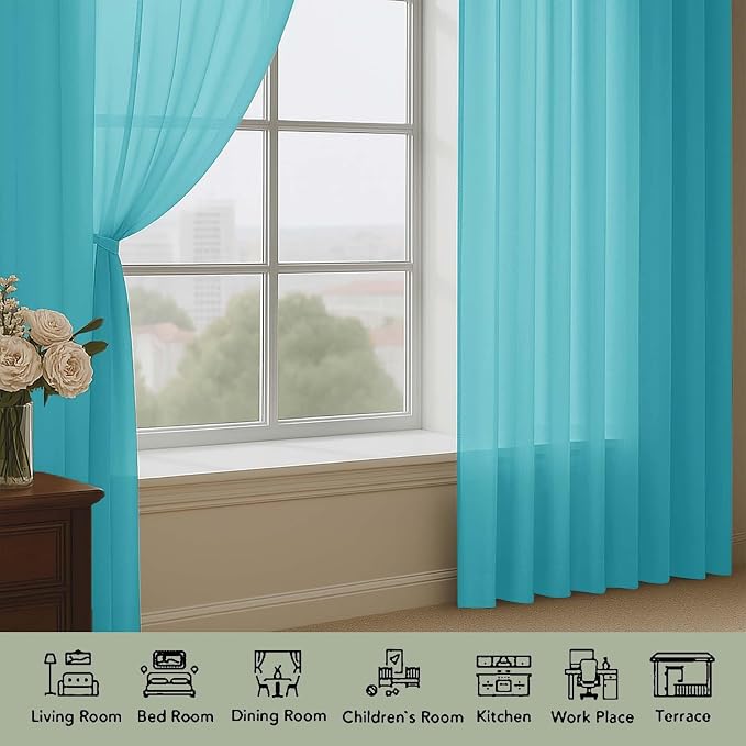 OWENIE Turquoise Sheer Curtains 72 Inches Long 2 Panels Set, Transparent Voile - Image 3