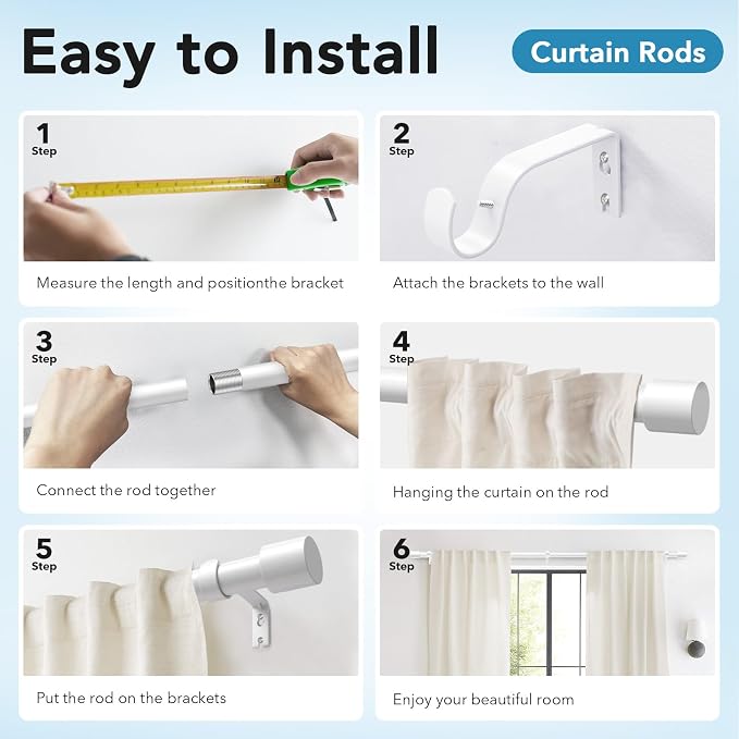 IFELS Heavy Duty Curtain Rods for Windows 66 to 120 Inch, 1 Inch White Curtain - Image 6