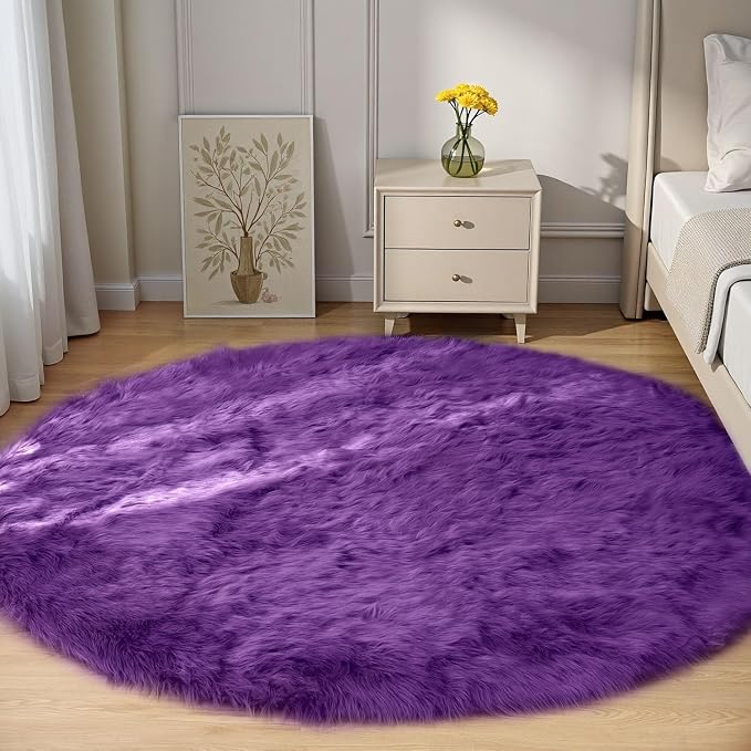 Goolela Purple Circle Rug 5ft Fluffy Round Fuzzy Furry Faux Fur Sheepskin Carpet by Goolela