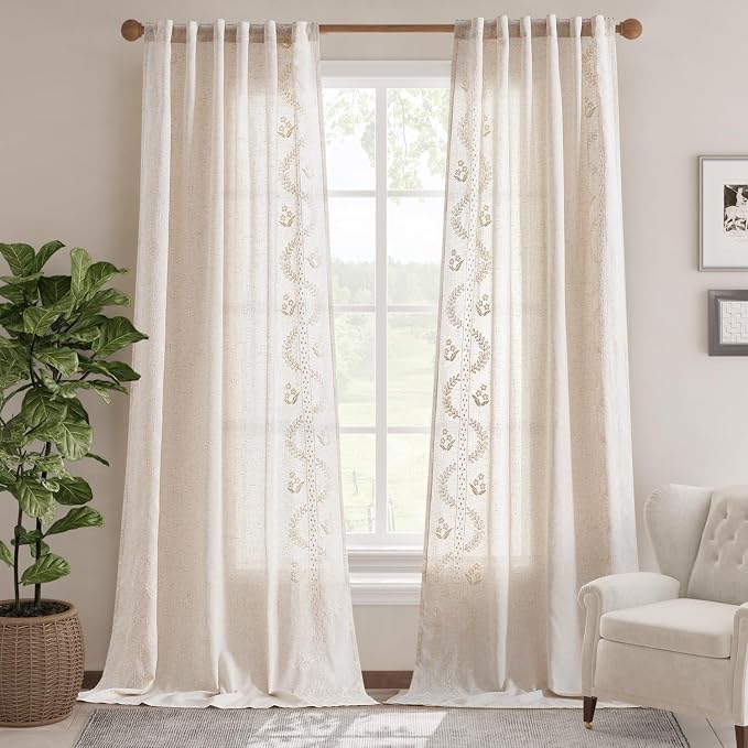 jinchan Belrose Linen Curtains for Bedroom Floral Curtains 108 Inch Length - Image 2