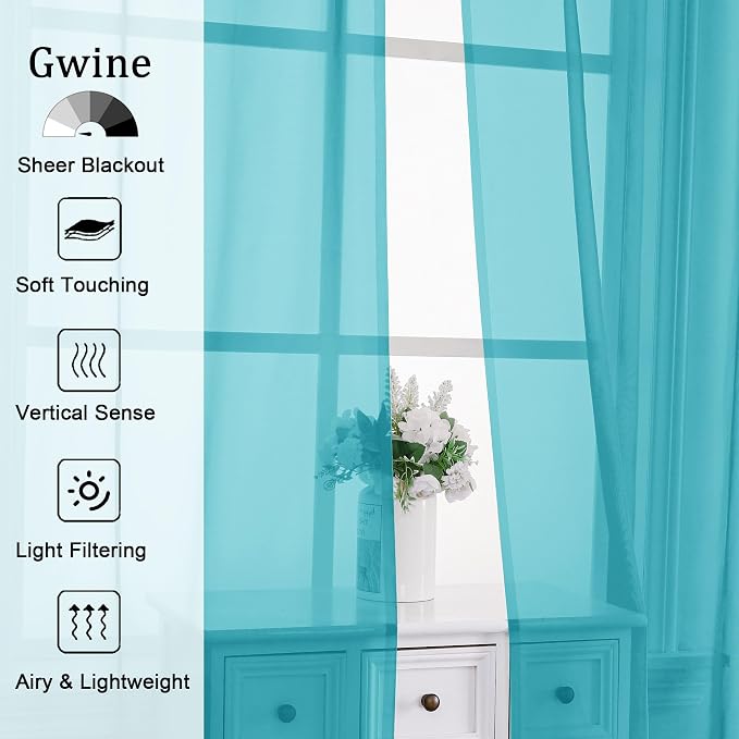 Gwine Turquoise Sheer Curtains 84 Inches Long 2 Panels Set - Image 2